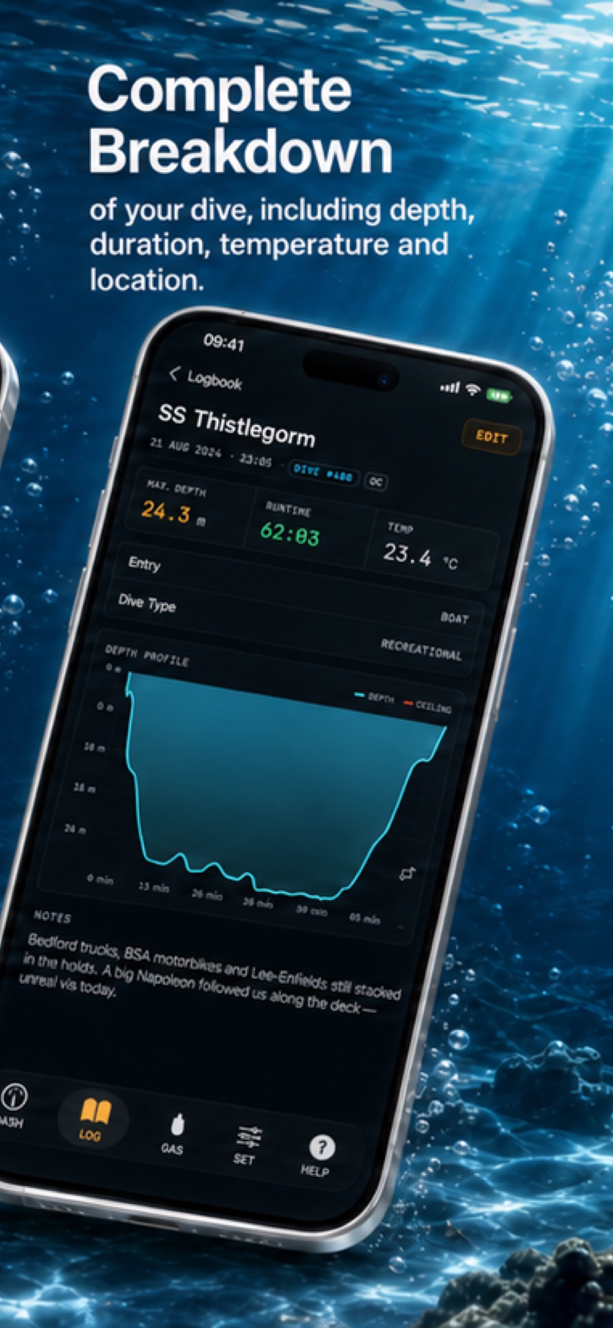 Pro Dive iPhone — dive detail with depth profile